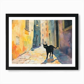 Black Cat In Turin, Italy, Street Art Watercolour Painting 1 Art Print