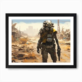 Cybernetic wanderer, adorned with futuristic armor and armed with a sleek, high-tech energy rifle Art Print
