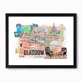 Glasgow Scotland Illustrated Travel Map With Roads And Highlights Art Print