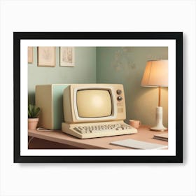 A Still Life Image Of An Old Fashioned Computer On A Desk Art Print