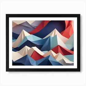 Abstract Image Of Colorful, Geometric Mountains In Various Shades Of Blue, Red, And White Creating A Dynamic And Layered Landscape 1 Art Print