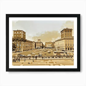 The lively and chaotic Piazza Venezia in Rome. The image depicts a bustling city square in a sepia tone, showcasing a classic European architectural style. Tall buildings with arched windows line the square, creating a sense of grandeur and history. The square is filled with people, cars, and a large bus, suggesting a lively atmosphere. A central circular area with a fountain or monument is visible, adding to the charm of the scene. Art Print