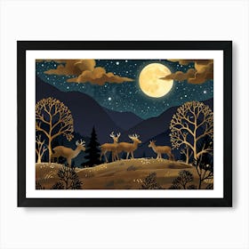 Night Landscape With Deer 7 Poster