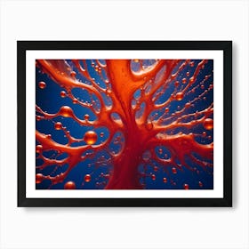 Abstract Image Of A Vibrant Red Liquid Splashing And Exploding Against A Blue Background, Creating A Dynamic And Energetic Composition Art Print