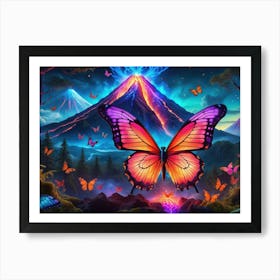 Colorful butterfly flying near an ethereal volcano Poster