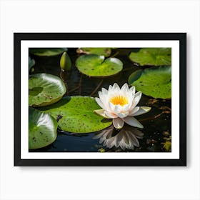 Closeup Of A Round White Water Lily Bloom Floating On A Sunny Summer Pond Vibrant Green Leaves And Art Print