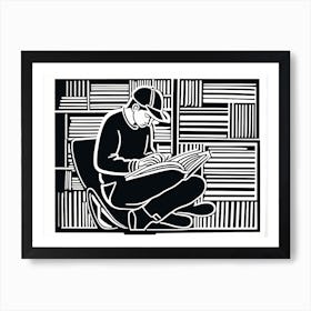 Lion cut inspired Black and white Stylized portrait of a Person reading a book, reading art, book worm, Reader, 192 Art Print