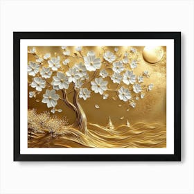 3d Art Golden Tree With White Flowers 5 Art Print