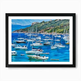 Serene Seascape Escape. The image depicts a tranquil coastal scene featuring a small, lush island surrounded by clear blue waters. Several boats are anchored nearby, and a person is seen riding a jet ski, leaving a trail of white foam behind. The sky is clear, enhancing the vibrant blue hues of the sea and sky, creating a picturesque and serene atmosphere. 2 Art Print