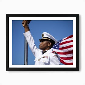 A Reverent Soldier Dressed In An Immaculate Uniform To Honor Memorial Day Stands I Front Of A Flut (6) Art Print