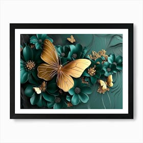 3d Floral Background with Green Flowers and Golden Butterfly Art Print