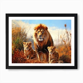 African Lion With Cubs Realism Painting 1 Art Print