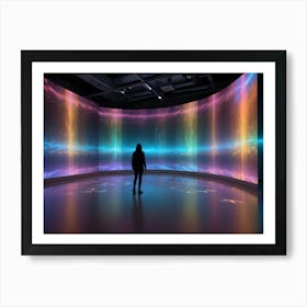 A Lone Figure In Silhouette Stands In A Large, Futuristic Room, Gazing At A Curved, Multi Panel Display Of Abstract, Colorful, Glowing Light Patterns, Resembling A Cosmic Landscape Or Energy Flow Art Print