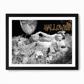 Pin Up Girl Posing In A Hay Full Of Masks Art Print