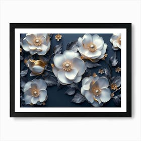 3d Artwork Illustration, White and Blue Background, Golden Jewelry, Flowers, Black 1 Art Print