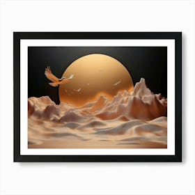 3d Classic with Golden Birds and Mountains in Brown and Black Colors Art Print