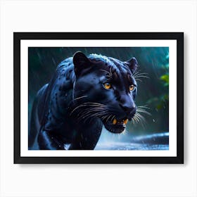 Beautiful Wild Black Panther In The Rain As A Photo Realistic Close Up Painting Art Print