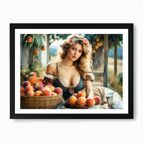 Beautiful And Alluring Victorian Era Blonde In Low Cut Dress With A Basket of Peaches Art Print