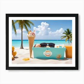 A Still Life Photo Of A Blue Bucket Filled With Ice Cream, Sunglasses, And A Glass Of Orange Juice On A White Sandy Beach With Palm Trees In The Background Art Print