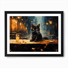 Cat And Cafe Terrace At Night By Van Gogh Inspired 07 Póster