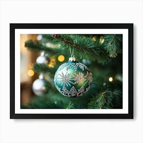 A Meticulously Detailed Geometrical Bauble Delicately Poised On The Thin Frost Dusted Branches Of 3 Art Print