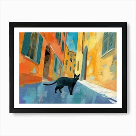 Black Cat In Bologna, Italy, Street Art Watercolour Painting 3 Art Print