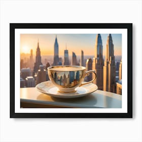 A White Teacup With Gold Accents Sits On A Table With A Panoramic View Of A Cityscape At Sunrise Art Print