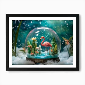 Plush Flamingo Swimming In A Transparent Glass Lake Surrounded By Sunlight Filtering Through Snowfa Art Print