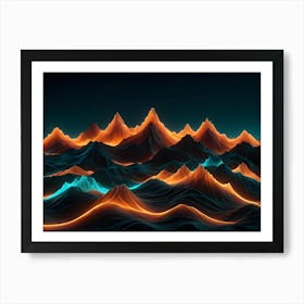 3d Rendered Mountains With Glowing Lines In Shades Of Orange And Teal, Creating A Futuristic And Abstract Landscape Art Print