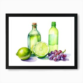 Lime and Grape near a bottle watercolor painting 12 Art Print