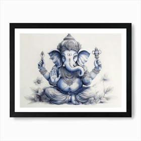 3d Pencil Sketch Drawing Of Indian God Ganesh Blue Tone In White Painting Poster