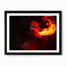 Portrait Of A Woman Ablaze With Flames Licking At Her Silhouette Mesmerizing Scarlet Gaze Piercing Art Print