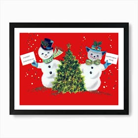 Marry Christmas And A Happy New Year From A Snowman Couple Art Print