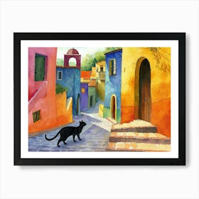 Black Cat In Latina, Italy, Street Art Watercolour Painting 2 Art Print