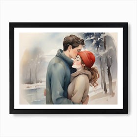 Couple Kissing In The Snow Art Print
