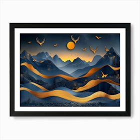 3d Modern Art with Night Landscape with Dark Mountains, Dark Black Background with Stars Art Print