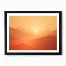 Minimalistic Illustration Of A Mountain Range Silhouetted Against A Vibrant Orange Sunset, With The Sun Peeking Through The Peaks Art Print