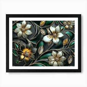 Luxury Floral Seamless with Flowers Elegant Leather Texture Illustration Background in Golden, Green and White 1 Art Print