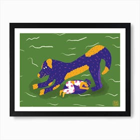 Giant Violet Dog Stretching, Tiny Woman Sleeping Art Print
