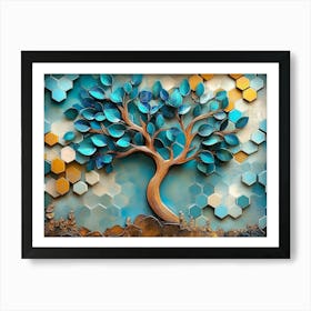 Serene Tree In A 3d Wooden Turquoise And Blue Leaves, Soft Brown Shades Art Print