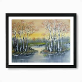 Birch Trees At Sunset Landscape Painting Nature Art Print