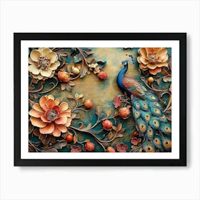 Peacock And Flowers 4 Art Print