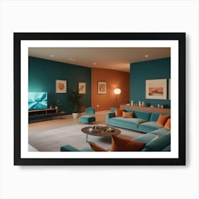 A Modern Living Room With A Teal Sofa, Two Orange Armchairs, A Coffee Table With Books, And Artwork On The Wall Art Print