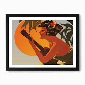 Hawaii, Hula Girl Plays Ukulele On Sunset Art Print