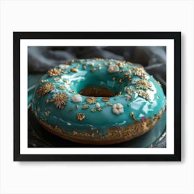 A Cinematic Low Angle View Of A Turquoise Donut Embellished With Gold Trim This Delicate Treat Boas Art Print