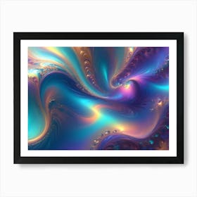 Abstract Fractal Art With Swirling Patterns Of Blue, Purple, Orange, And Gold, Resembling Flowing Liquids, Smoke, Or Cosmic Clouds Art Print