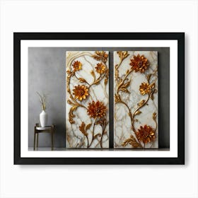 Two Gold Flowers On A Marble Wall Art Print