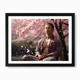 Meditating Man Under Cherry Blossoms Paintings Art Print Art Print