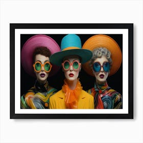 Three Women Wearing Colored Hats Glasses And Hats Art Print