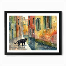 Black Cat In Venice, Italy, Street Art Watercolour Painting 4 Art Print